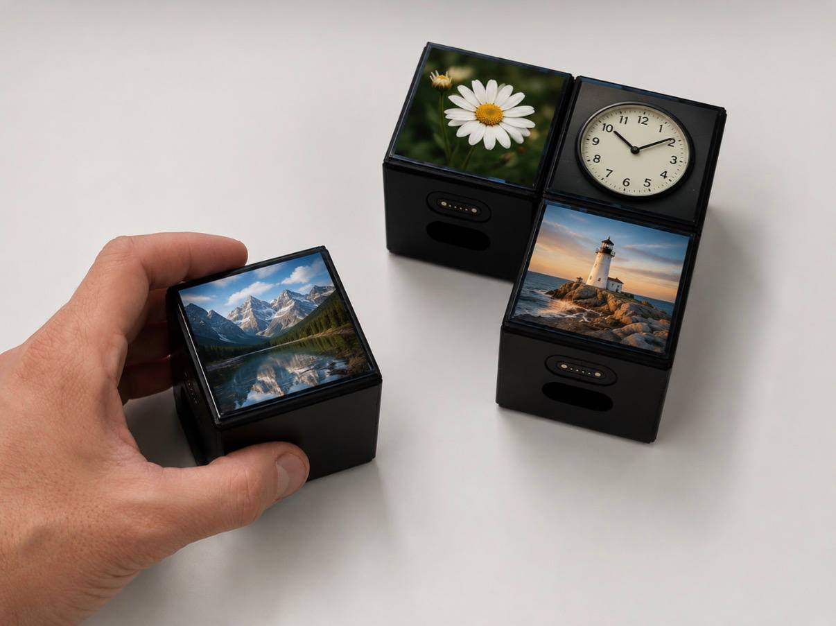 Concept art of four small glossy black Ezzle cubes, each with a screen on its top face and magnetic pogo-pin connectors on the sides: one held in a hand showing a mountain-and-lake landscape, and three on a white tabletop showing a white daisy, an analog clock reading about ten past ten, and a coastal lighthouse at sunset.